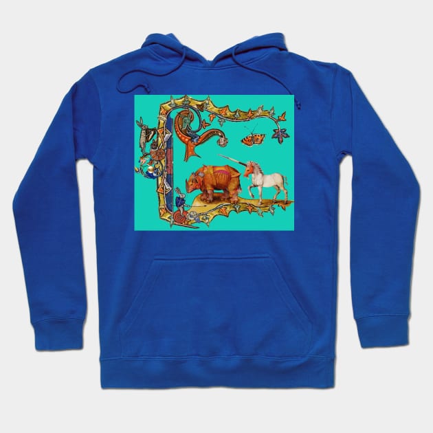 WEIRD MEDIEVAL BESTIARY IN TURQUOISE BLUE, DRAGON,UNICORN ,RHINO AND KILLER RABBIT Hoodie by BulganLumini